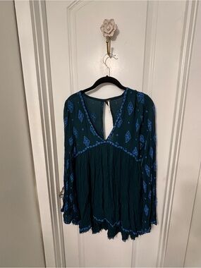 Free People Teal Long-Sleeve V-Neck Embroidered Top